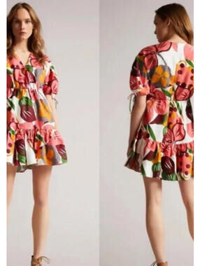 Ted Baker London Womens Size 6 Rhitaa Floral‎ Linen Cotton Mini Dress #3352